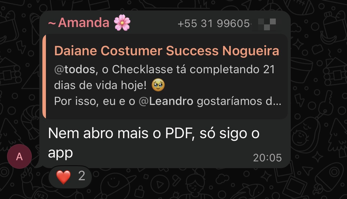 Depoimento de usuário do Checklasse