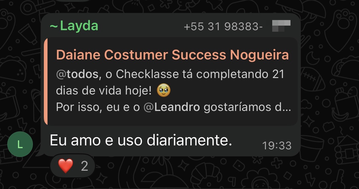 Depoimento de usuário do Checklasse