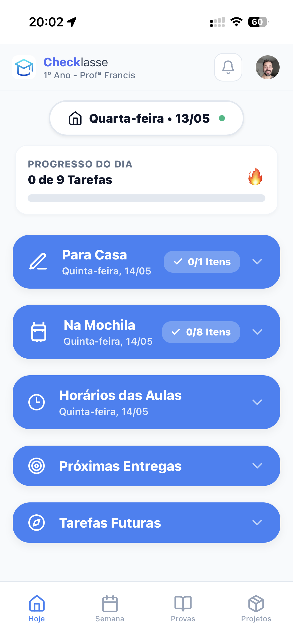 Tela do Checklasse - Planejamento Semanal