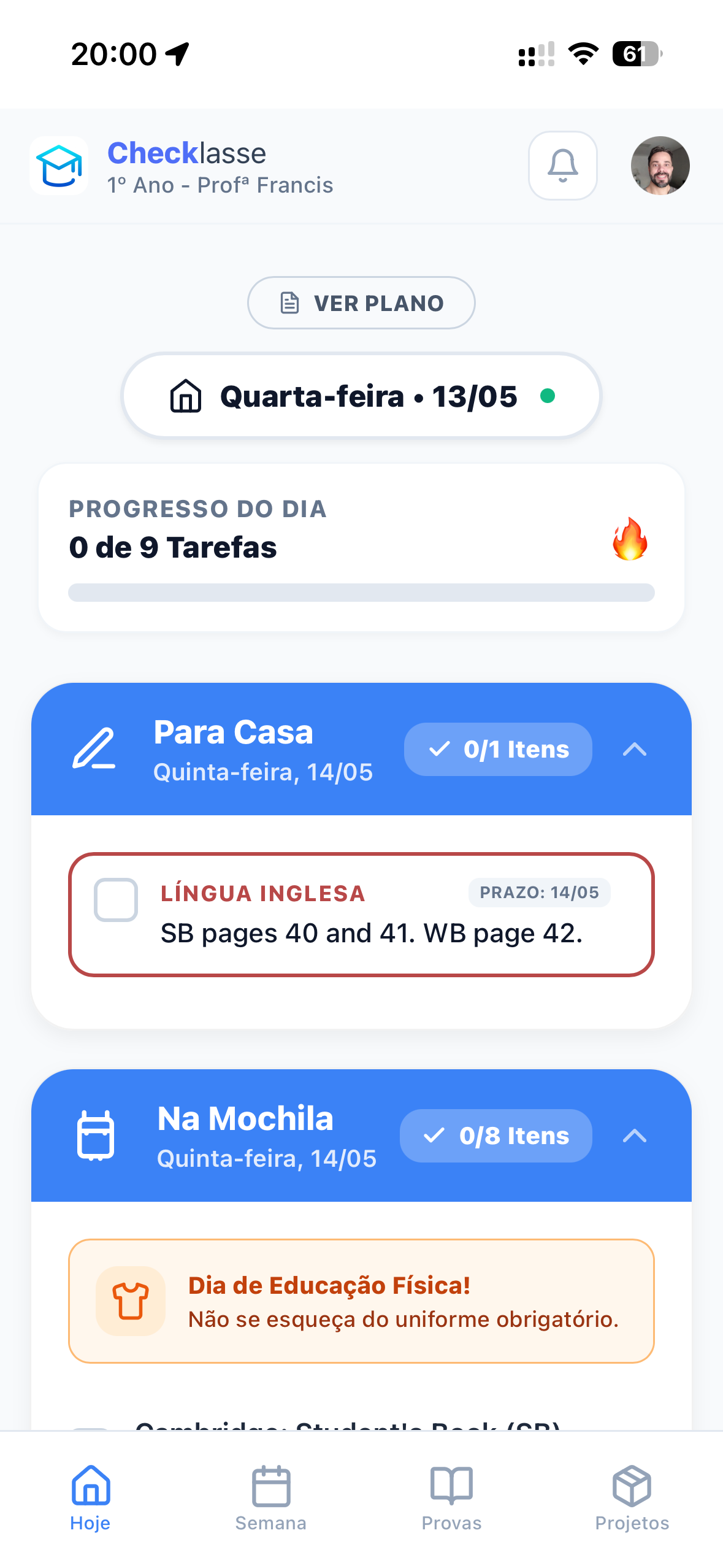 Tela do Checklasse - Mochila Inteligente