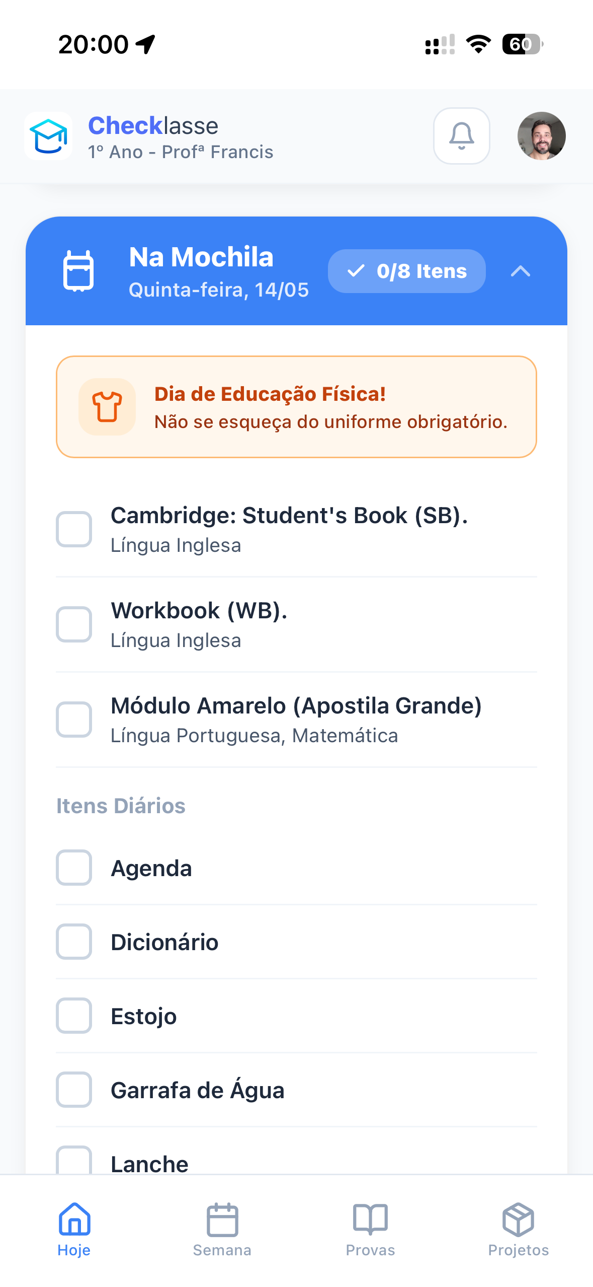 Tela do Checklasse - Tarefas de Casa