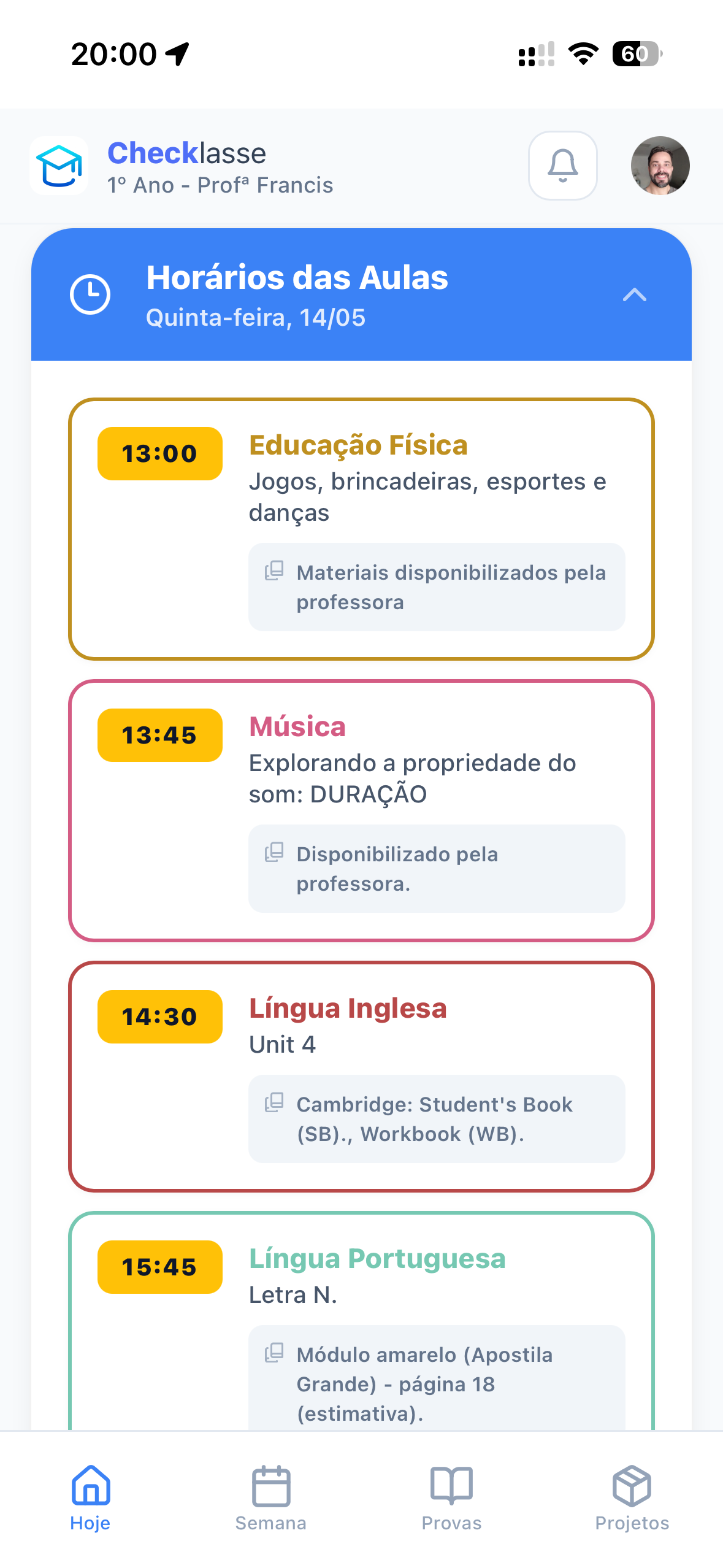 Tela do Checklasse - Calendário de Provas